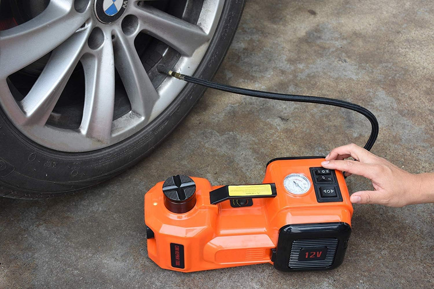 360¡Ã Light Electric Car Jack 5 Ton Hydraulic Floor Jack With Built-In Tire Inflator Pump & Led Light - 2-Way Power Supply, Extra Safety Hammer - 12V Electric Hydraulic Car Jack For Tire Replacement¡